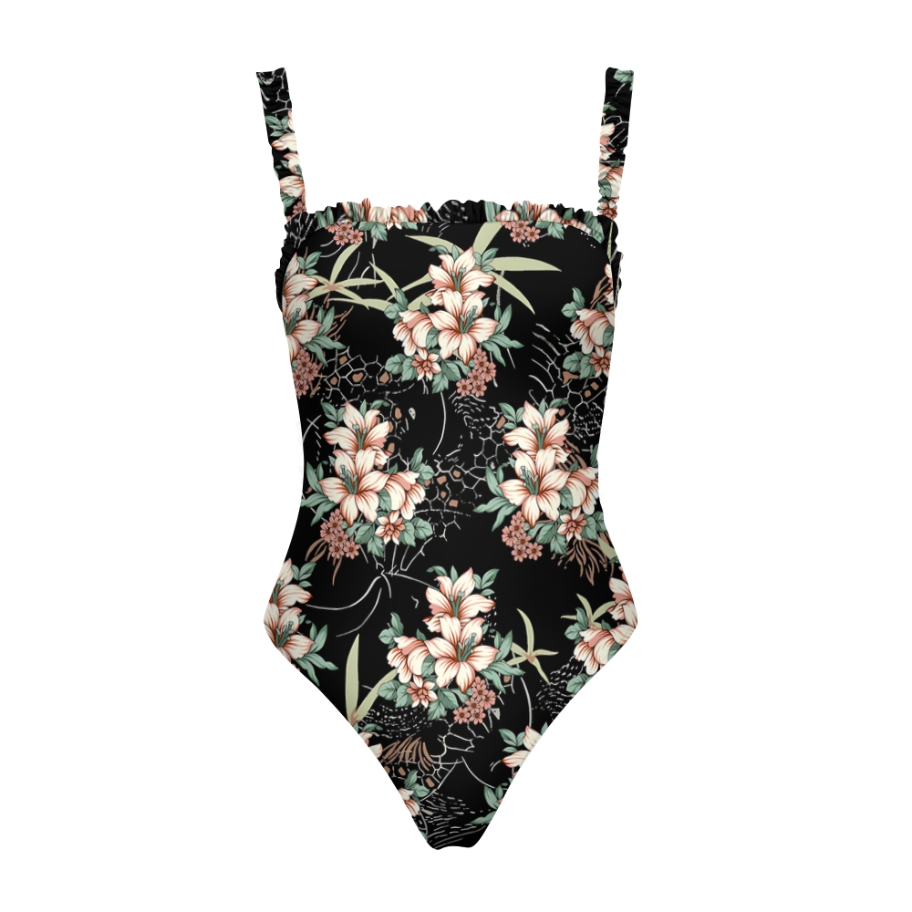 Women's Tropical Floral One Piece Swimsuit Black Background