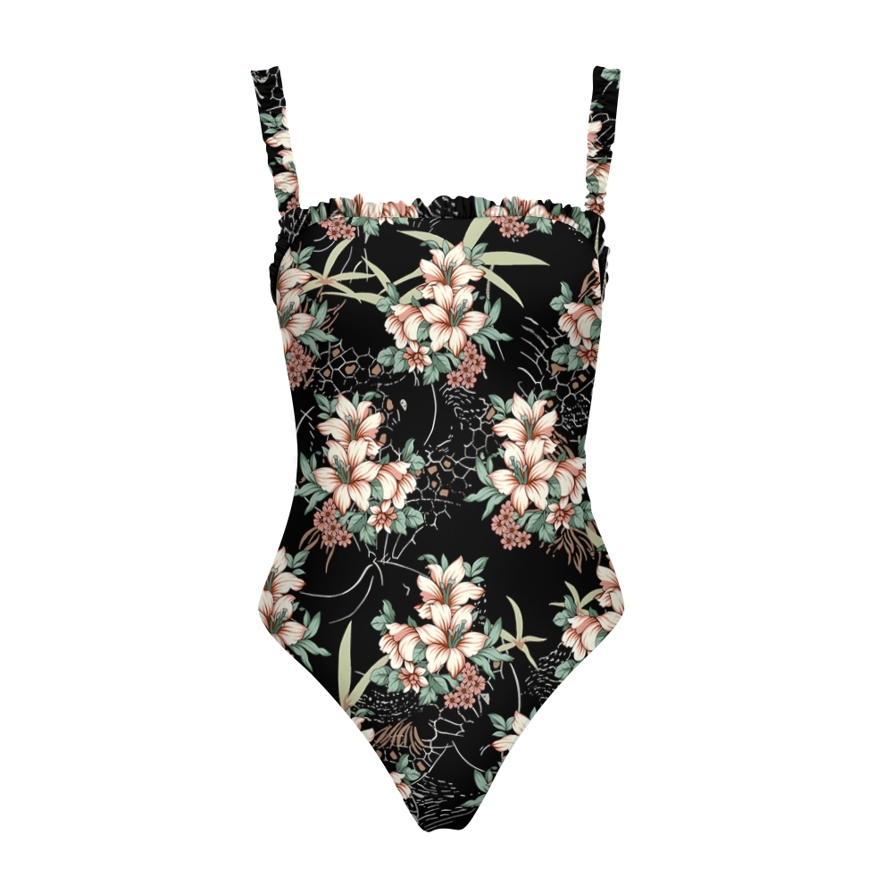 Women's Tropical Floral One Piece Swimsuit Black Background