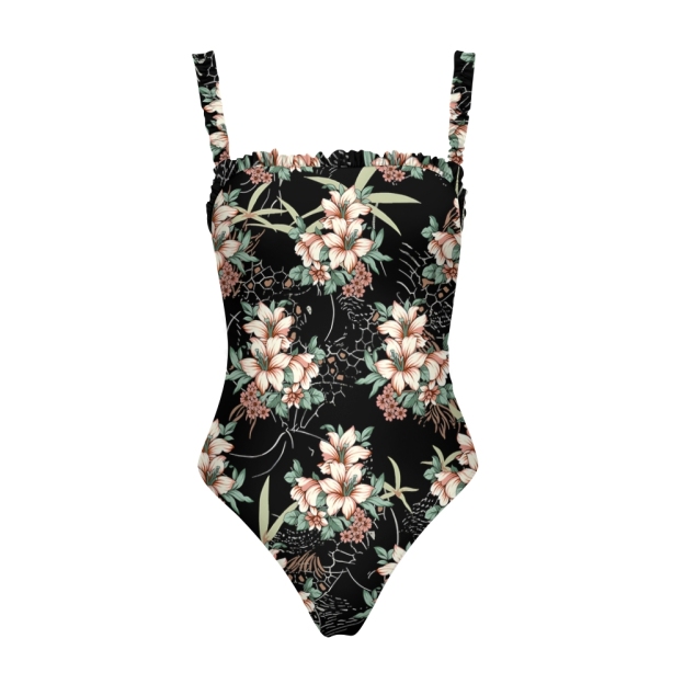 Women's Tropical Floral One Piece Swimsuit Black Background