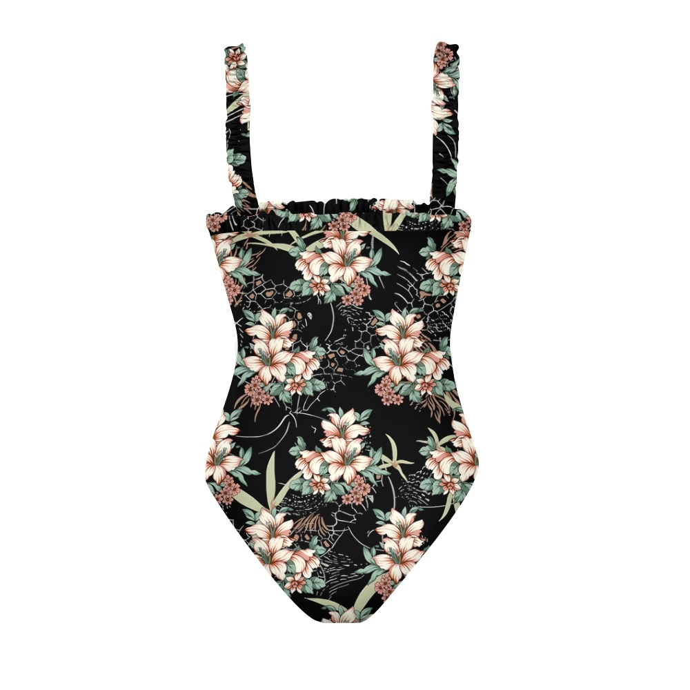 Women's Tropical Floral One Piece Swimsuit Black Background