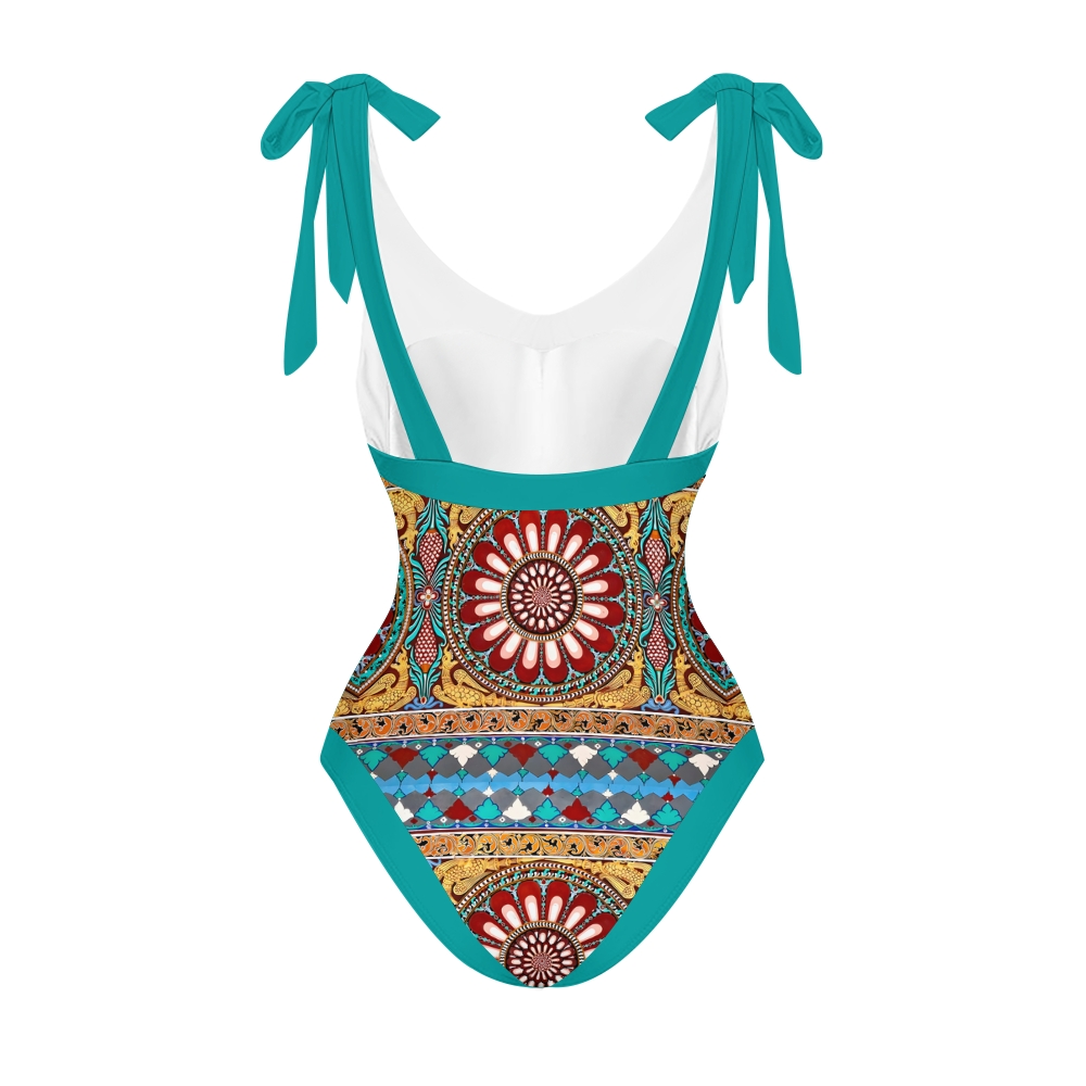 Women's Deep V Neck Geometric Print One Piece Swimsuit Set
