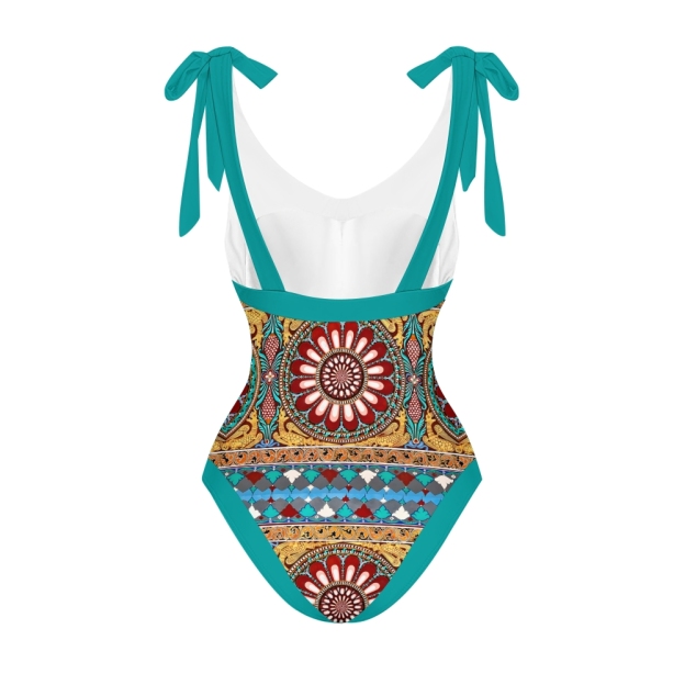 Women's Deep V Neck Geometric Print One Piece Swimsuit Set