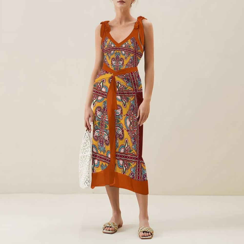 Deep V Neck One Piece Baroque Print Swimsuit Set