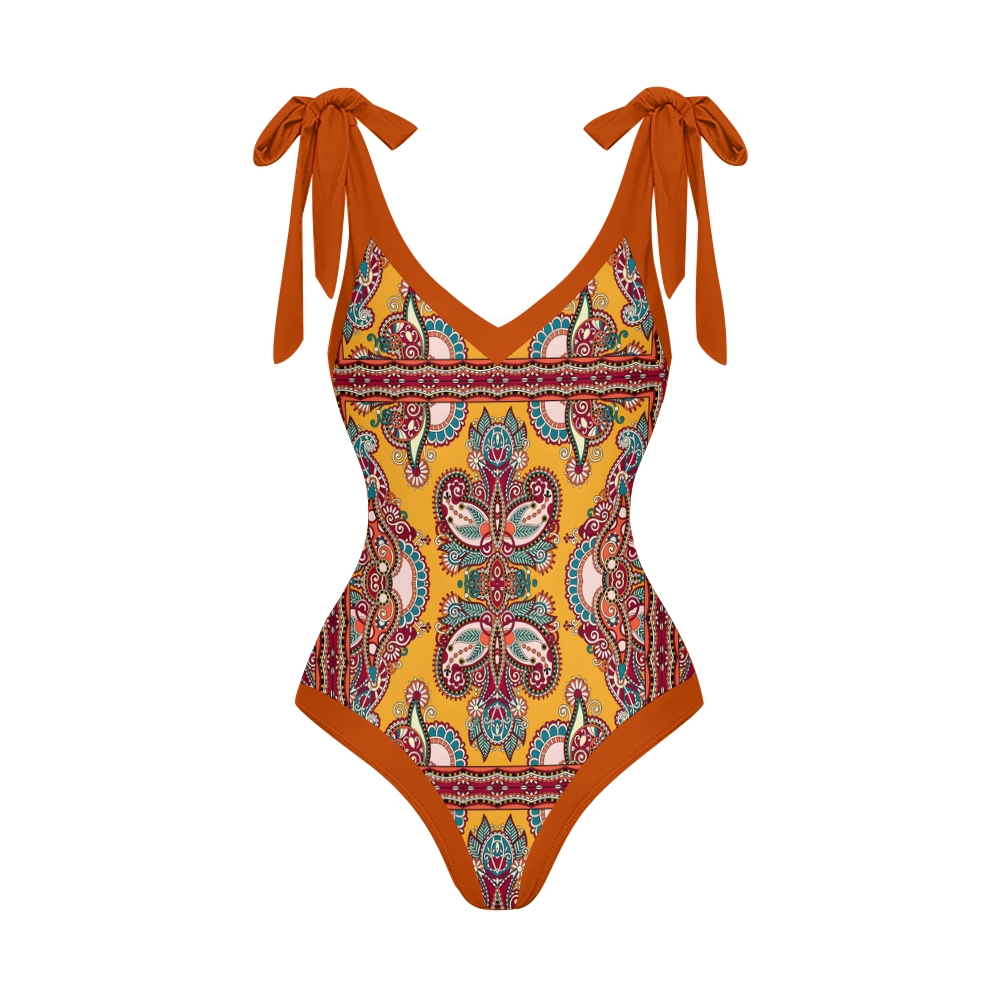 Deep V Neck One Piece Baroque Print Swimsuit Set