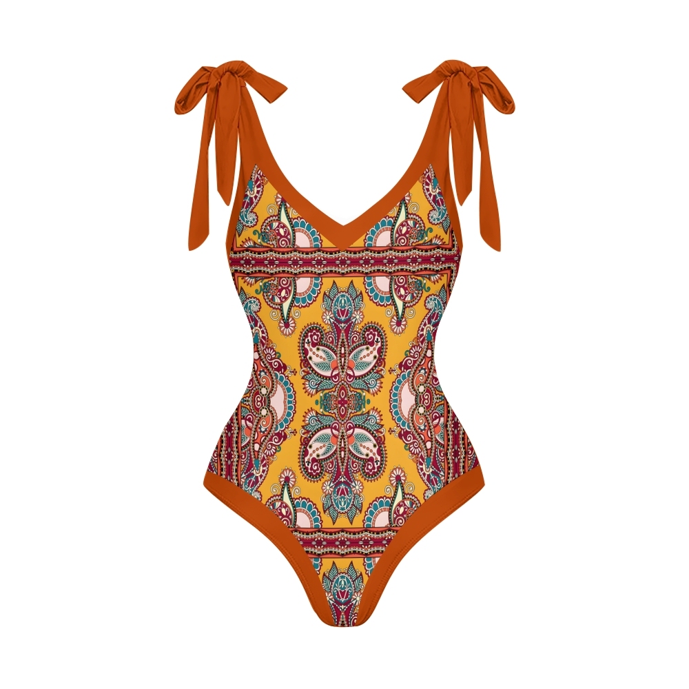 Deep V Neck One Piece Baroque Print Swimsuit Set