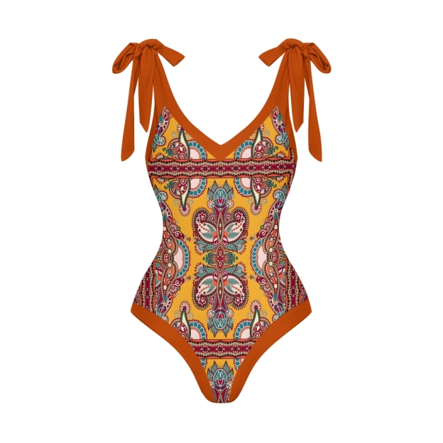 Deep V Neck One Piece Baroque Print Swimsuit Set