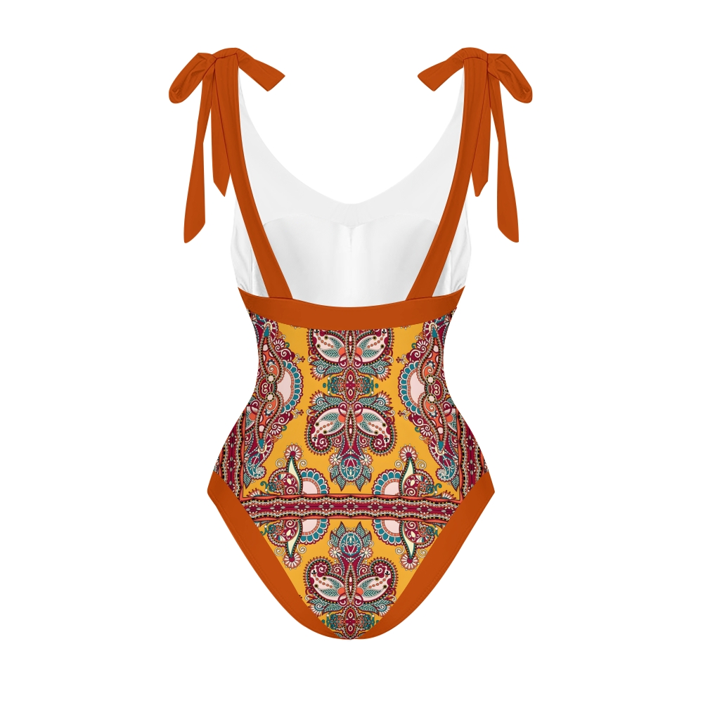 Deep V Neck One Piece Baroque Print Swimsuit Set