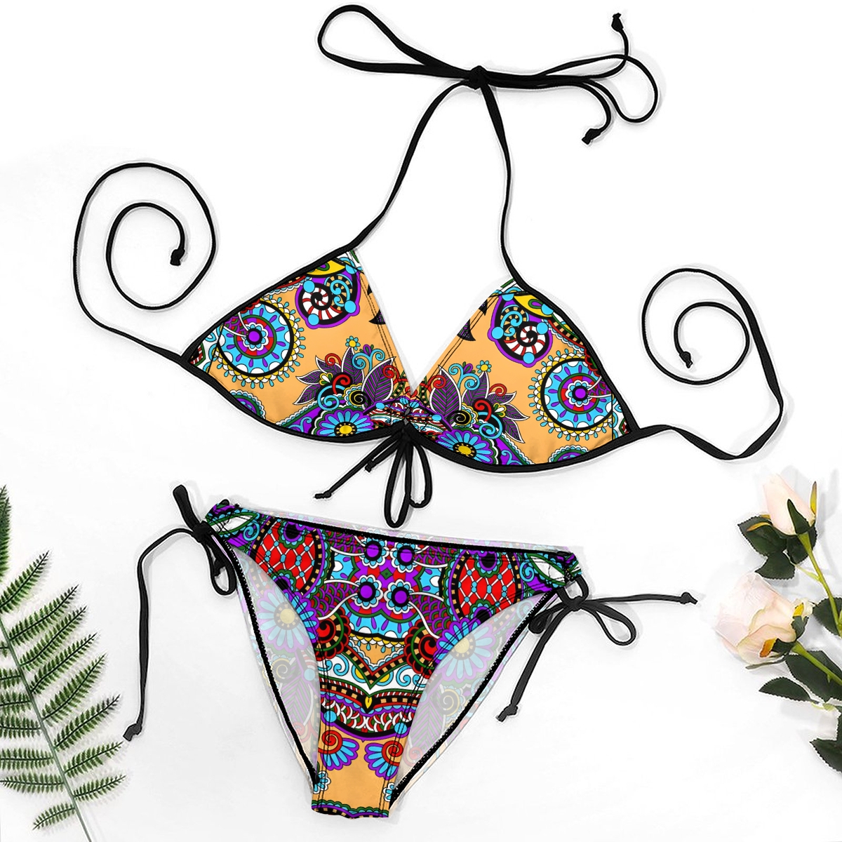 Boho Style Two Piece Bikini Set Colorful Halter Top and Matching Bottoms