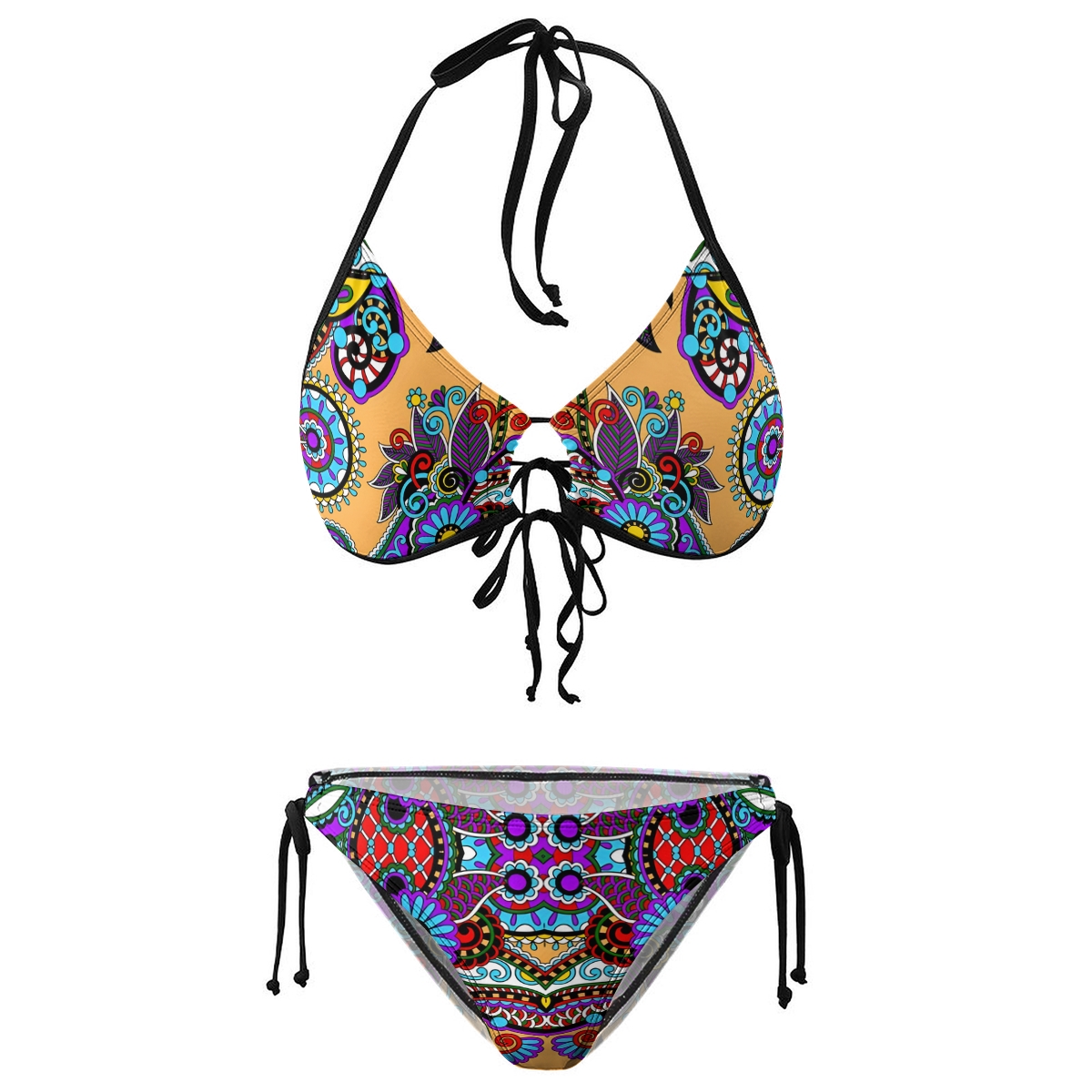 Boho Style Two Piece Bikini Set Colorful Halter Top and Matching Bottoms