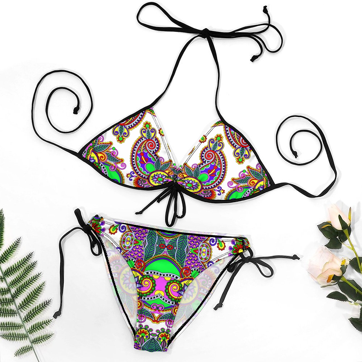 Festival Inspired Bikini Set Colorful Halter Top and Boho Print Bottoms