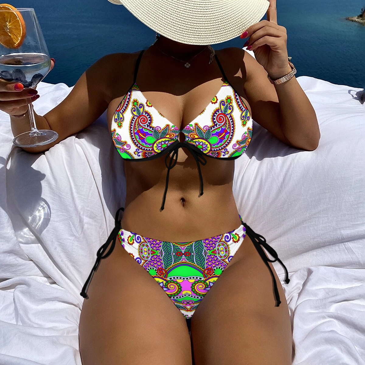 Festival Inspired Bikini Set Colorful Halter Top and Boho Print Bottoms