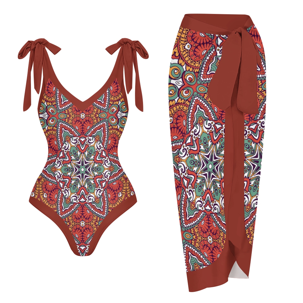 Women's Bohemian One Piece Swimsuit set with Printed Beach Skirt