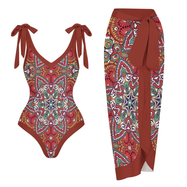 Women's Bohemian One Piece Swimsuit set with Printed Beach Skirt