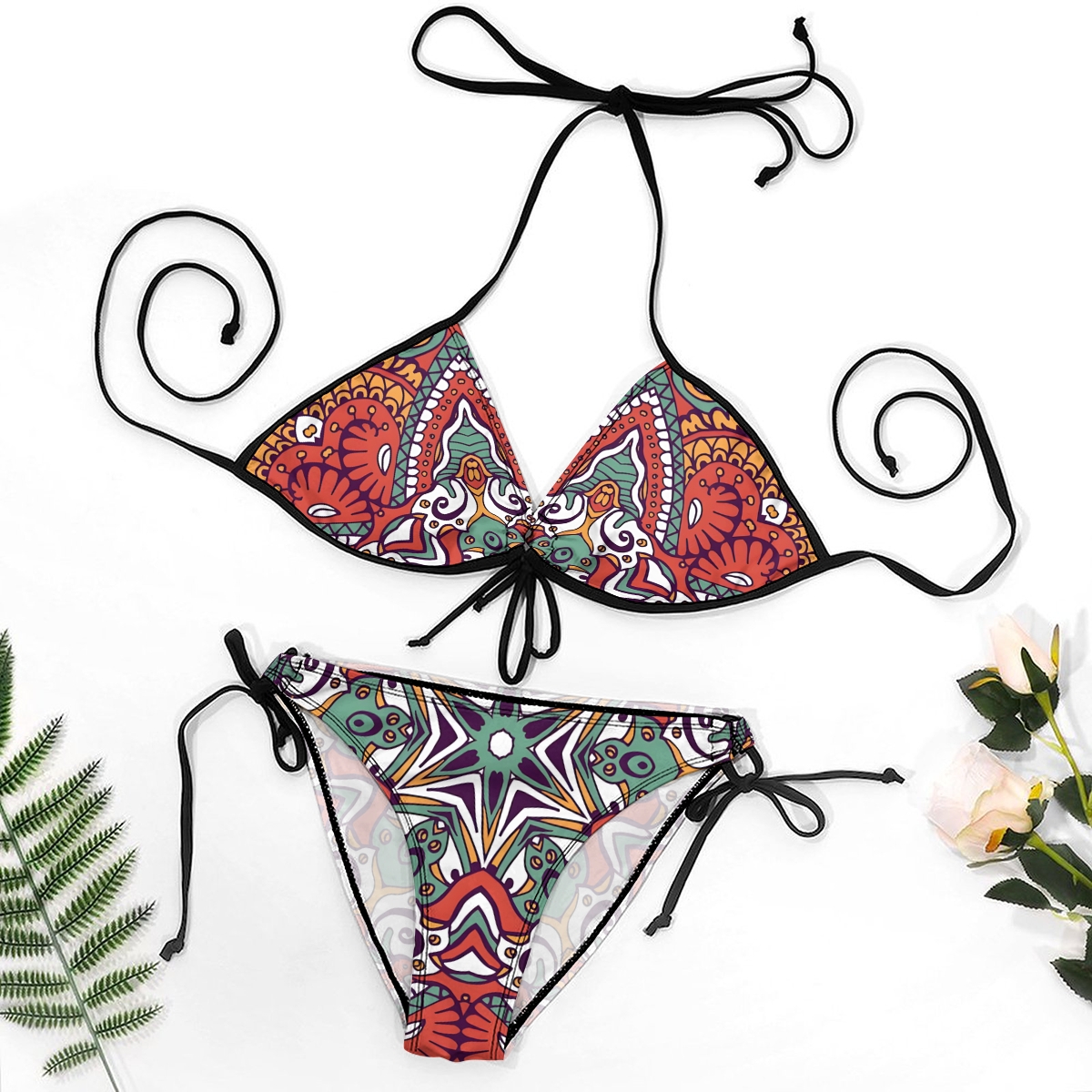 Bohemian Style Two Piece Bikini Swimsuit Set Colorful Pattern with Adjustable Tie Straps