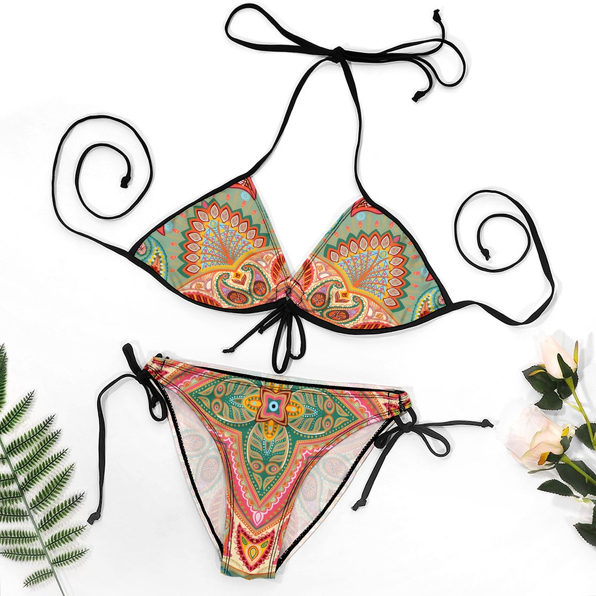 Bohemian Style Two Piece Bikini swimsuit set Colorful Pattern with Adjustable Tie Straps