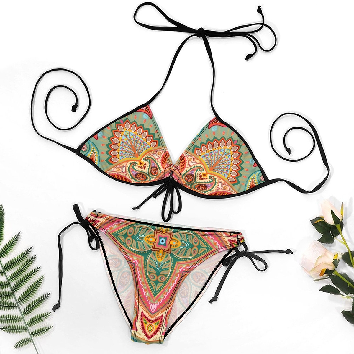 Bohemian Style Two Piece Bikini swimsuit set Colorful Pattern with Adjustable Tie Straps