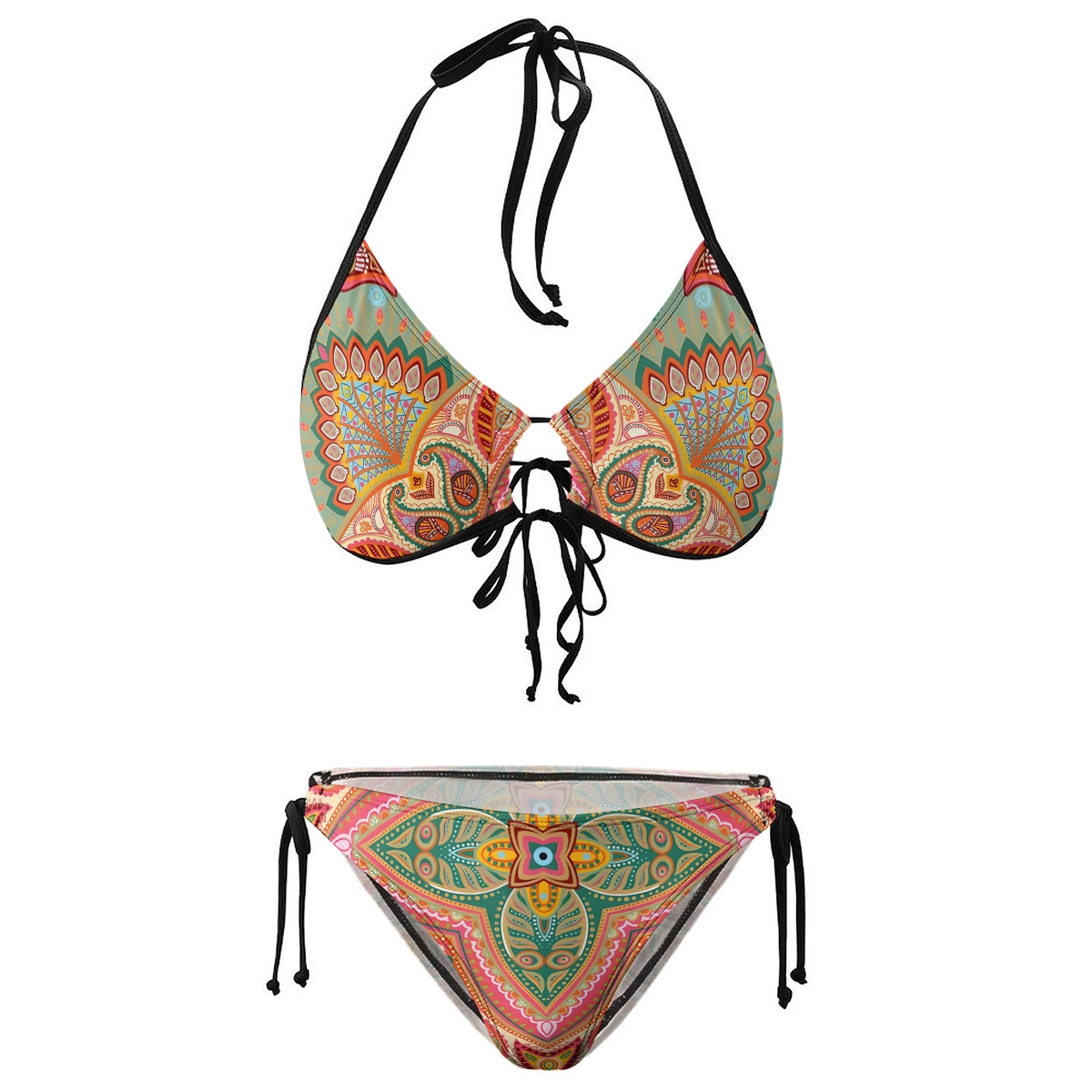 Bohemian Style Two Piece Bikini swimsuit set Colorful Pattern with Adjustable Tie Straps