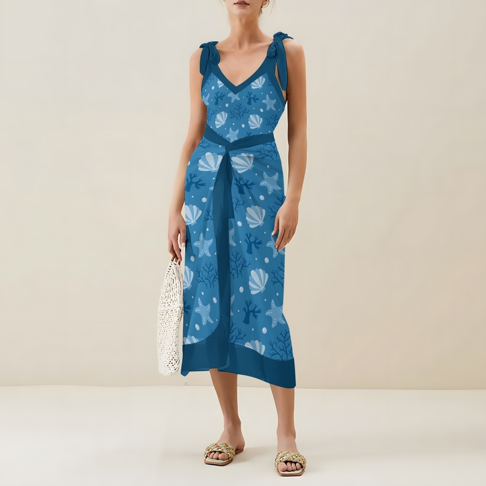 Women's Ocean Print One Piece Swimsuit with Matching Wrap Skirt Set