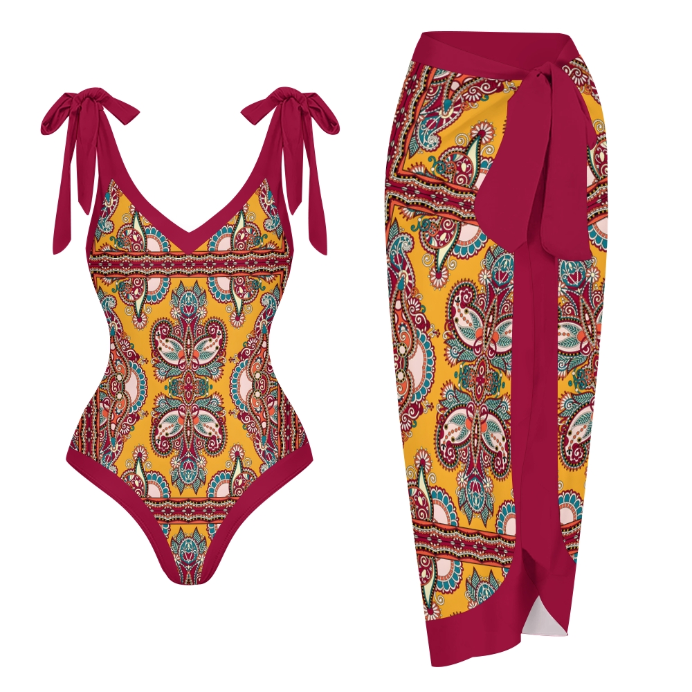 Women's Boho Paisley One-Piece Swimsuit with Matching Wrap Skirt Cover-Up Set