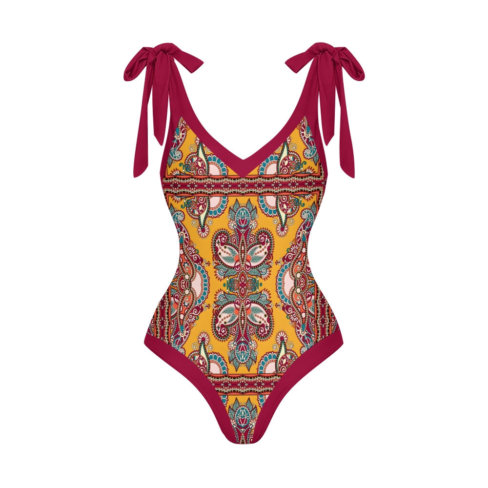 Women's Boho Paisley One-Piece Swimsuit with Matching Wrap Skirt Cover-Up Set