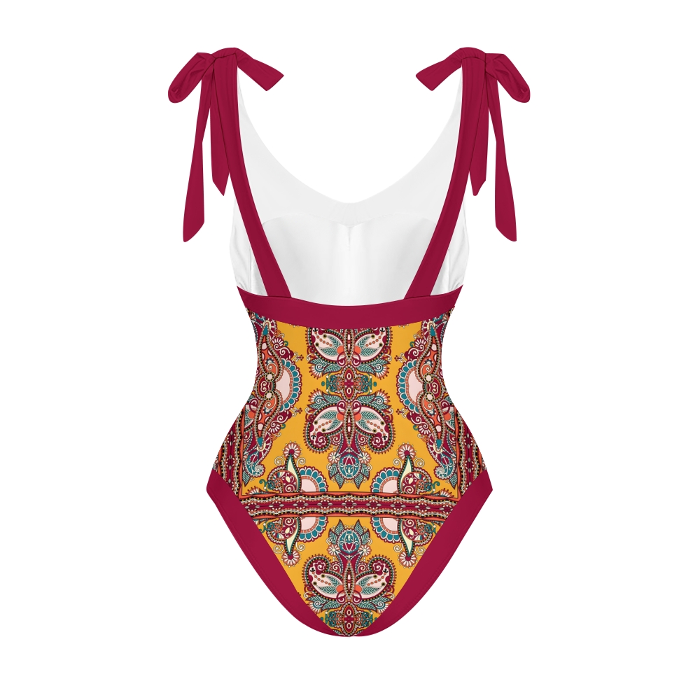 Women's Boho Paisley One-Piece Swimsuit with Matching Wrap Skirt Cover-Up Set