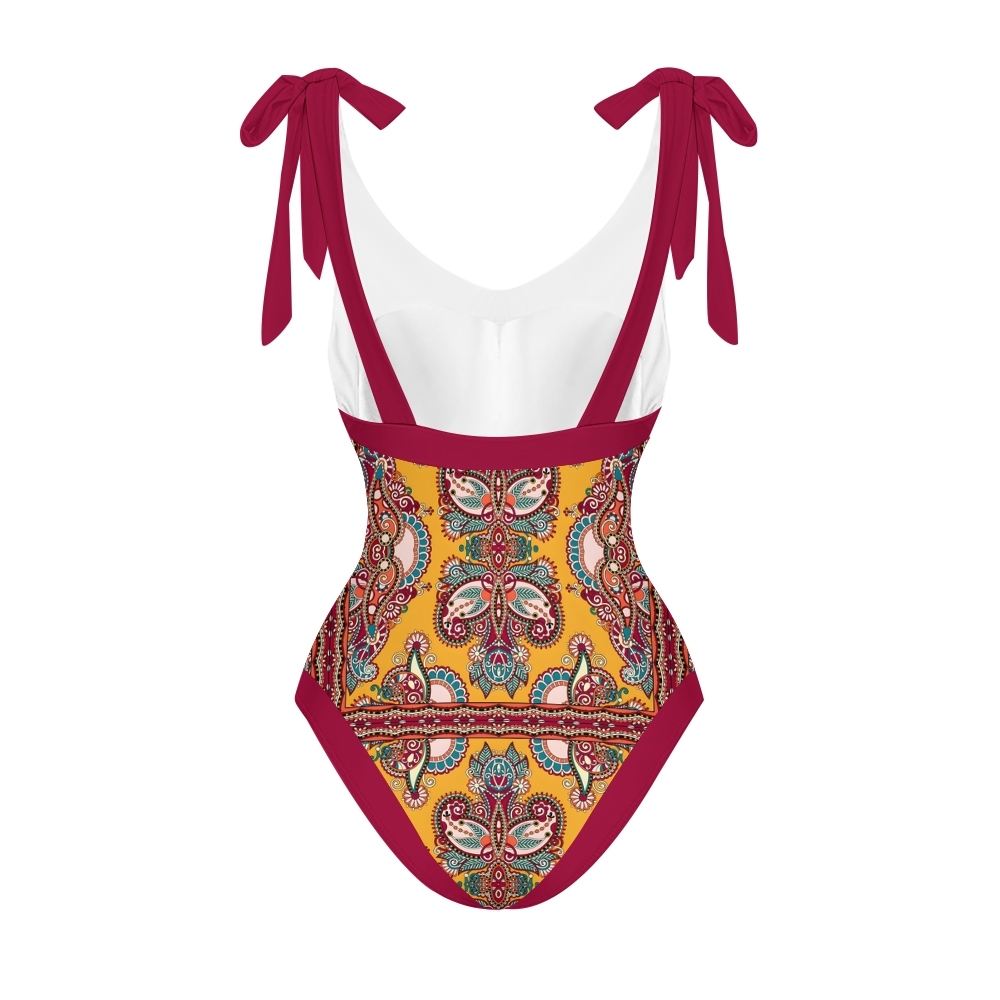 Women's Boho Paisley One-Piece Swimsuit with Matching Wrap Skirt Cover-Up Set