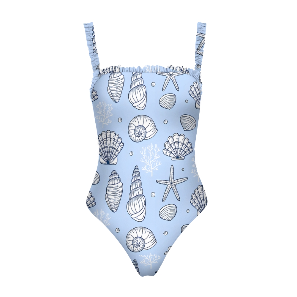 Women's Ruffle Strap One-Piece Swimsuit �C Ocean Print with Seashell & Starfish Design