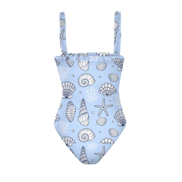 Women's Ruffle Strap One-Piece Swimsuit �C Ocean Print with Seashell & Starfish Design