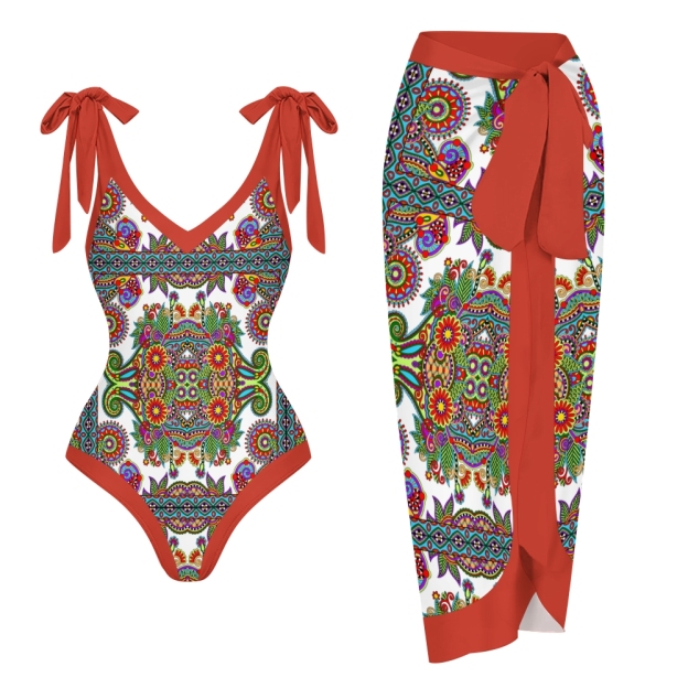 Bohemian One-Piece Swimsuit Set �C Shoulder Tie Bathing Suit with Matching Skirt