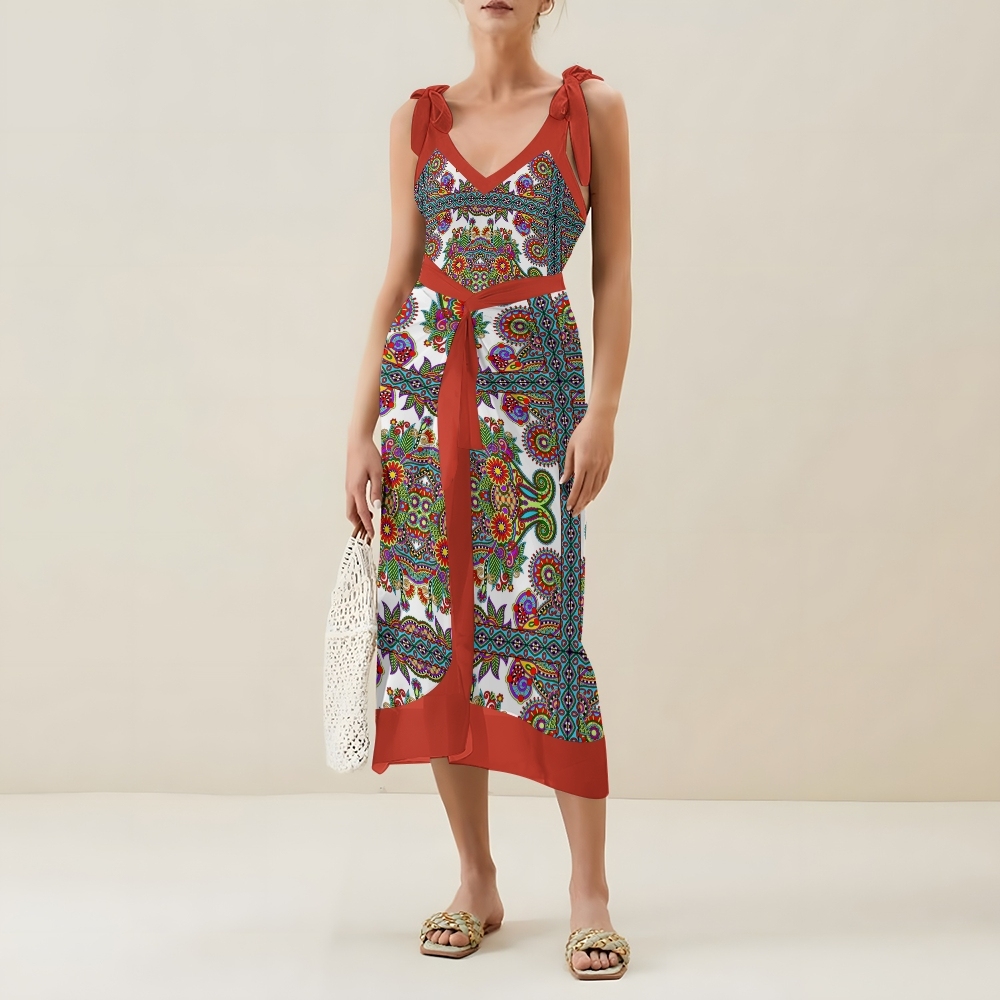 Bohemian One-Piece Swimsuit Set �C Shoulder Tie Bathing Suit with Matching Skirt