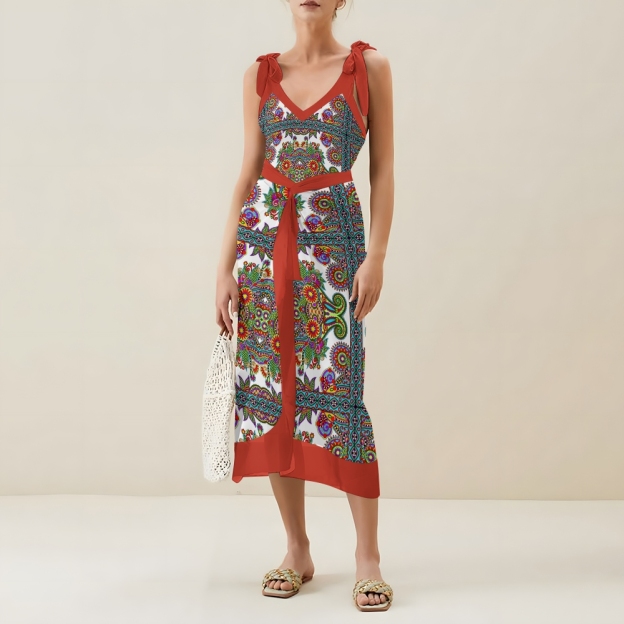 Bohemian One-Piece Swimsuit Set �C Shoulder Tie Bathing Suit with Matching Skirt