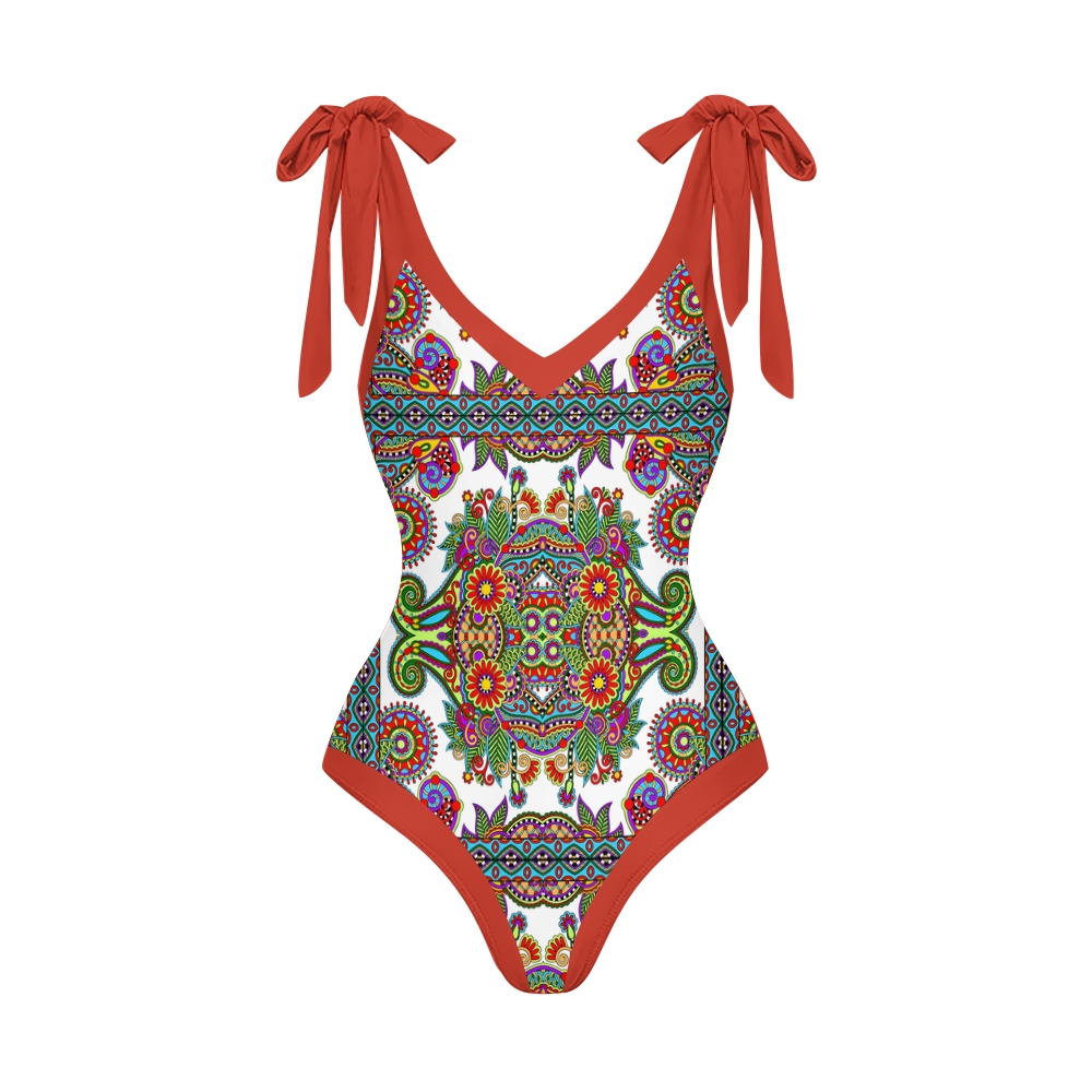 Bohemian One-Piece Swimsuit Set �C Shoulder Tie Bathing Suit with Matching Skirt