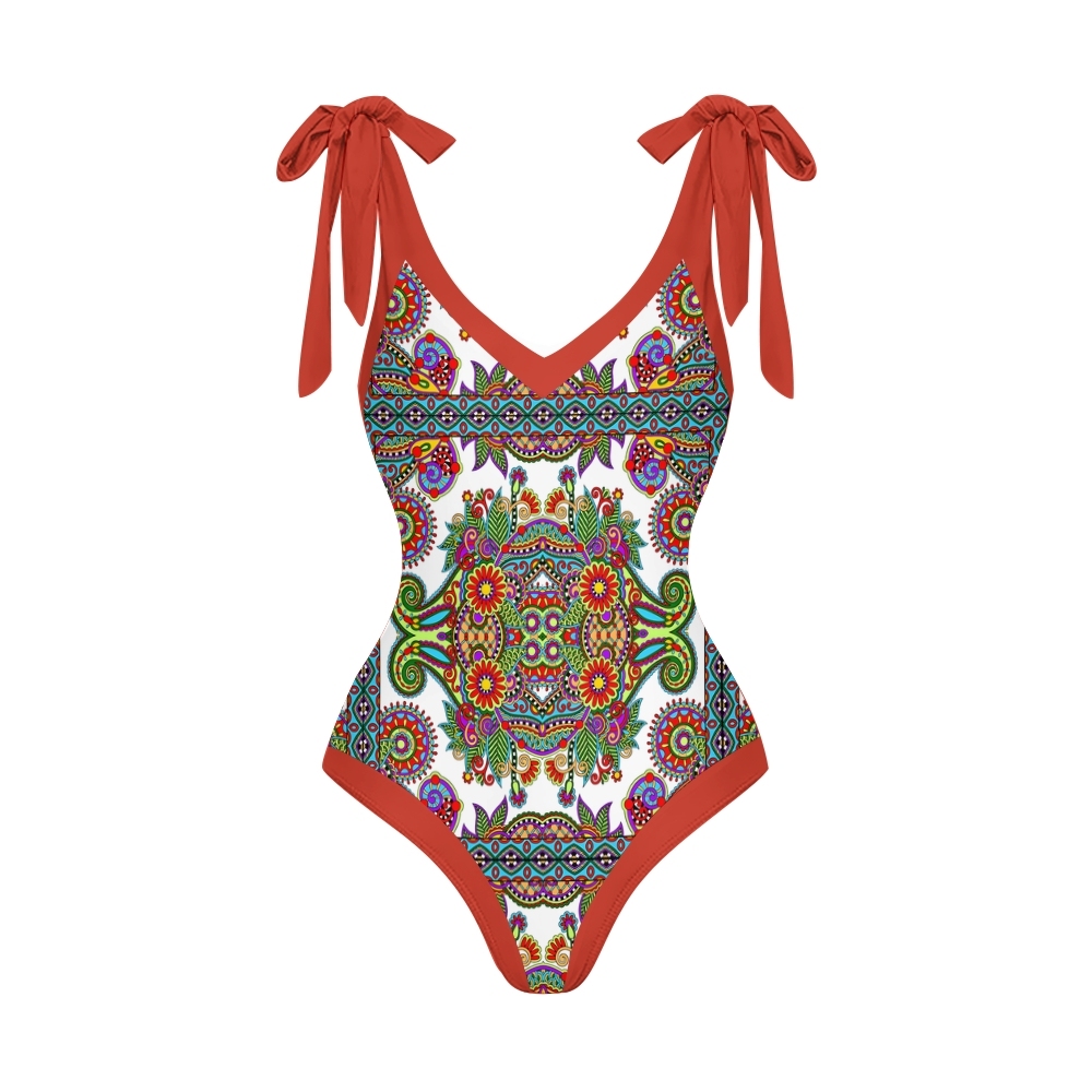 Bohemian One-Piece Swimsuit Set �C Shoulder Tie Bathing Suit with Matching Skirt