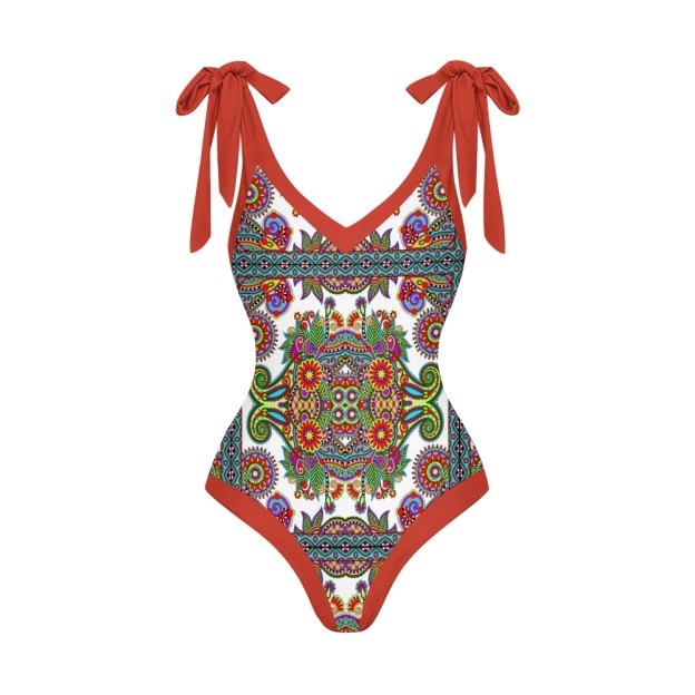 Bohemian One-Piece Swimsuit Set �C Shoulder Tie Bathing Suit with Matching Skirt