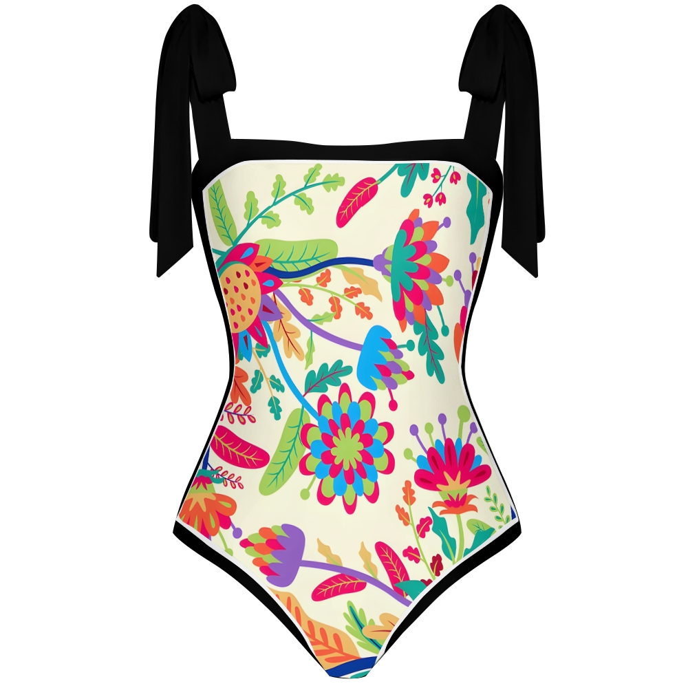 Women's Floral One Piece Swimsuit Square Neck with Bow Tie Straps