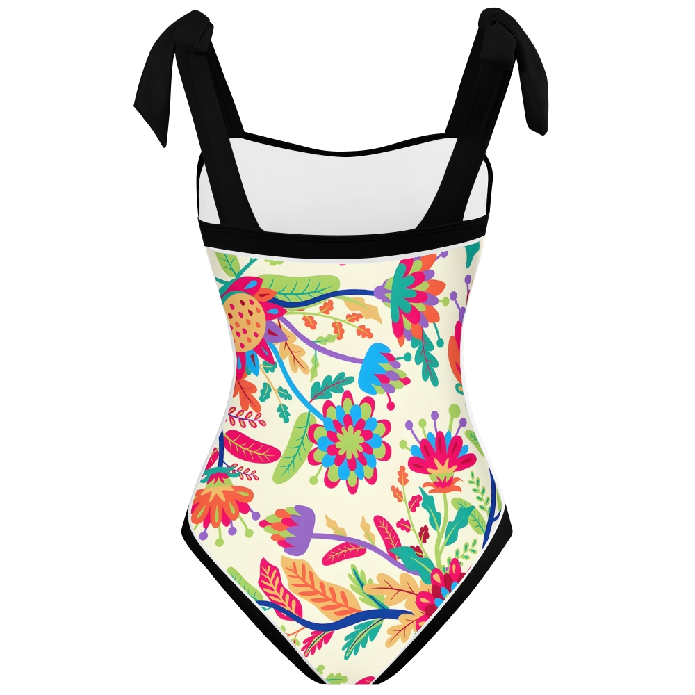 Women's Floral One Piece Swimsuit Square Neck with Bow Tie Straps
