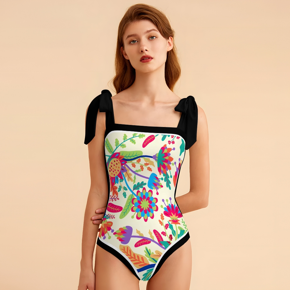 Women's Floral One Piece Swimsuit Square Neck with Bow Tie Straps