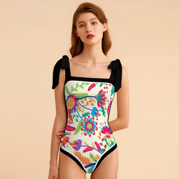 Women's Floral One Piece Swimsuit Square Neck with Bow Tie Straps