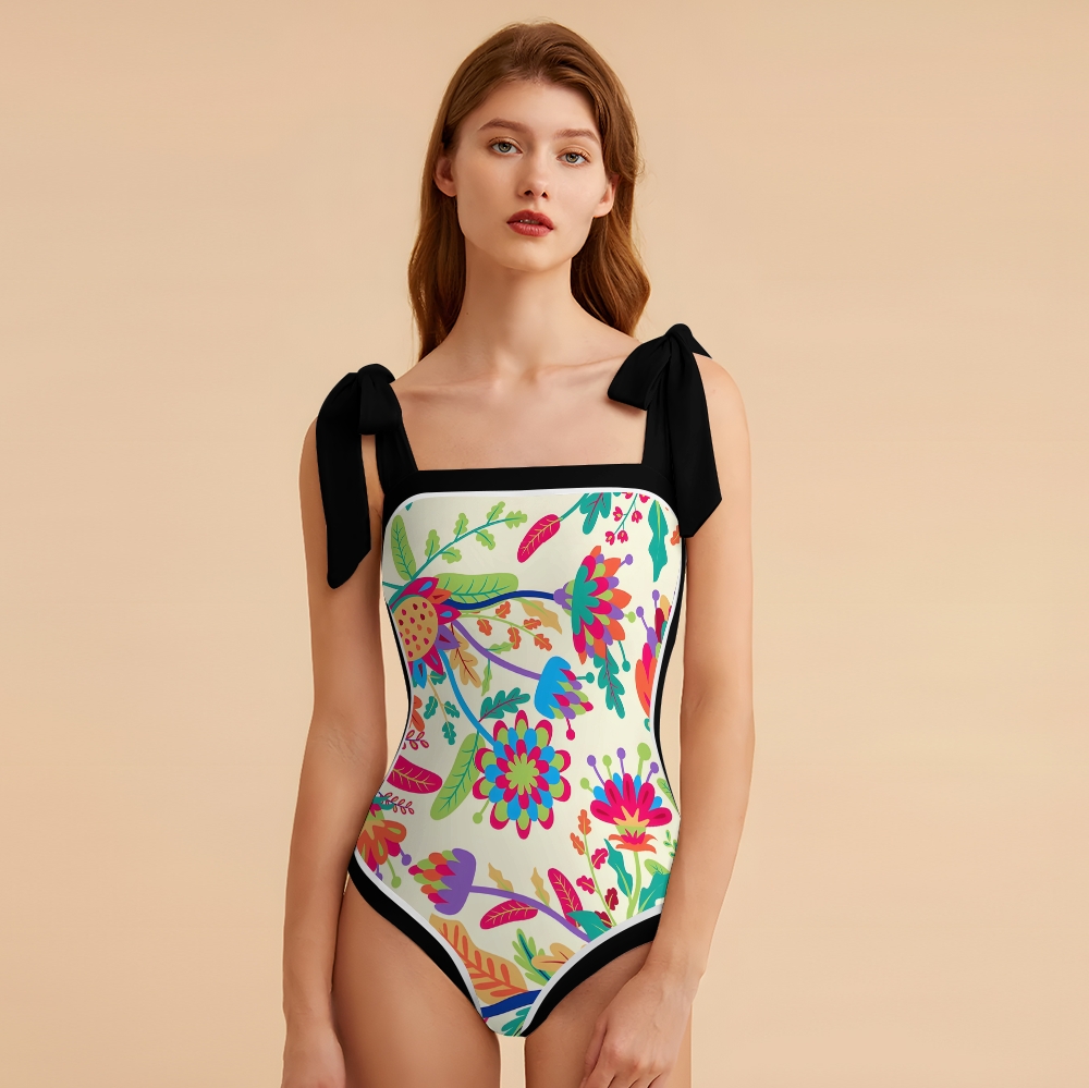 Women's Floral One Piece Swimsuit Square Neck with Bow Tie Straps