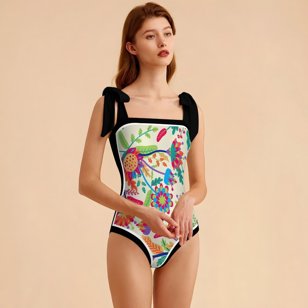 Women's Floral One Piece Swimsuit Square Neck with Bow Tie Straps