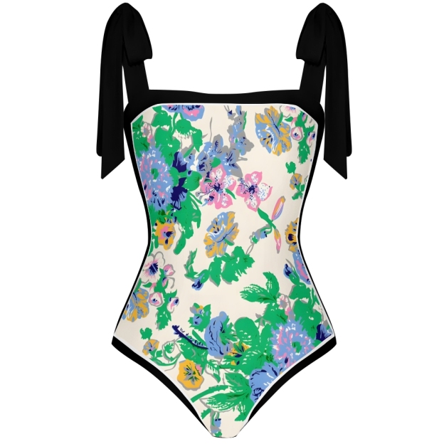 Women Neck One-Piece Bathing Swimsuit Floral Pattern & Bow Shoulder Straps