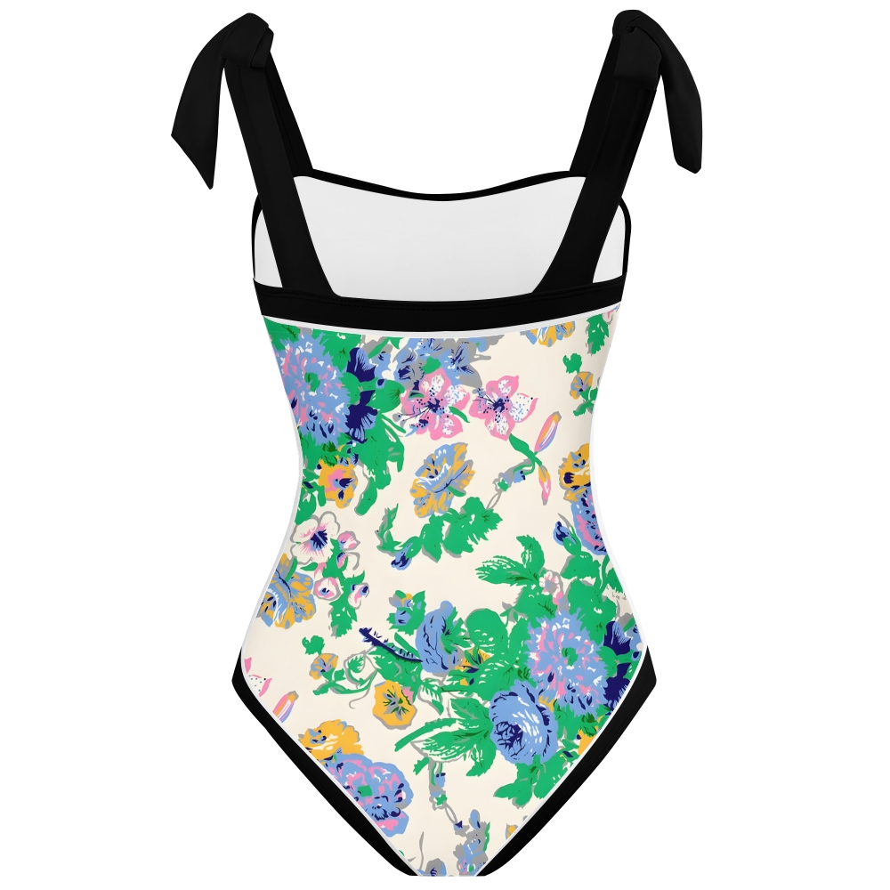 Women Neck One-Piece Bathing Swimsuit Floral Pattern & Bow Shoulder Straps