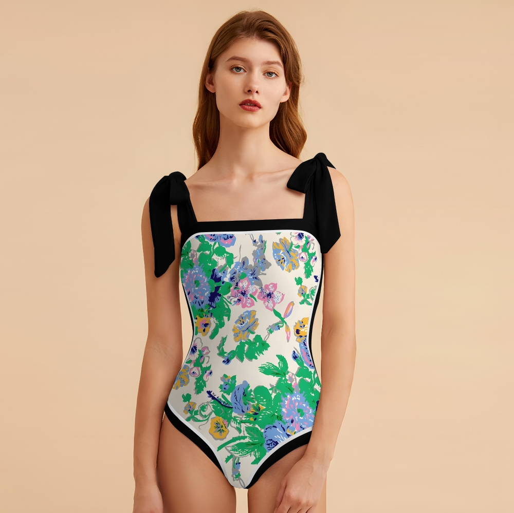 Women Neck One-Piece Bathing Swimsuit Floral Pattern & Bow Shoulder Straps