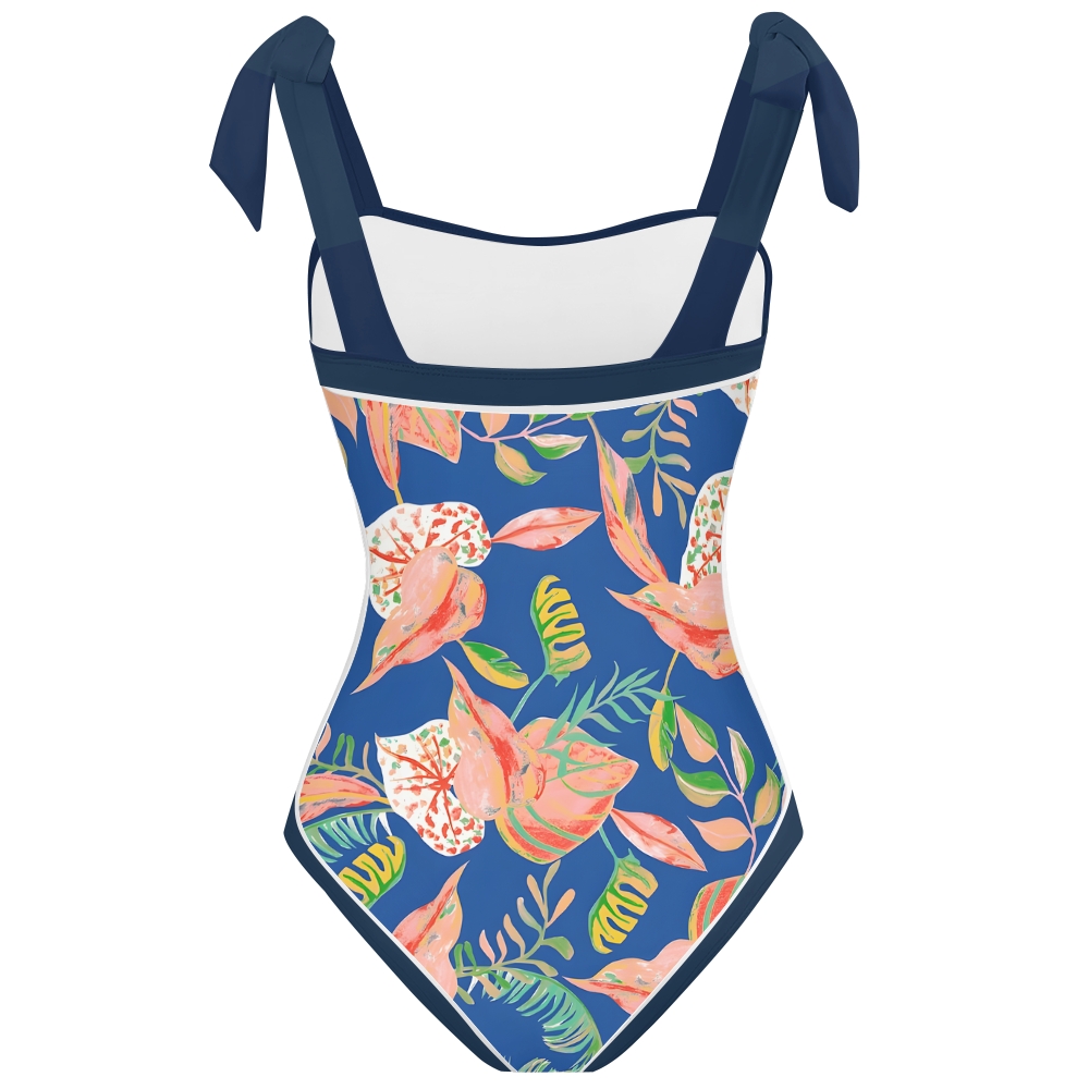Women's Stylish One-Piece Swimsuits�C Deep Blue Tropical Leaf Print with Bow Straps
