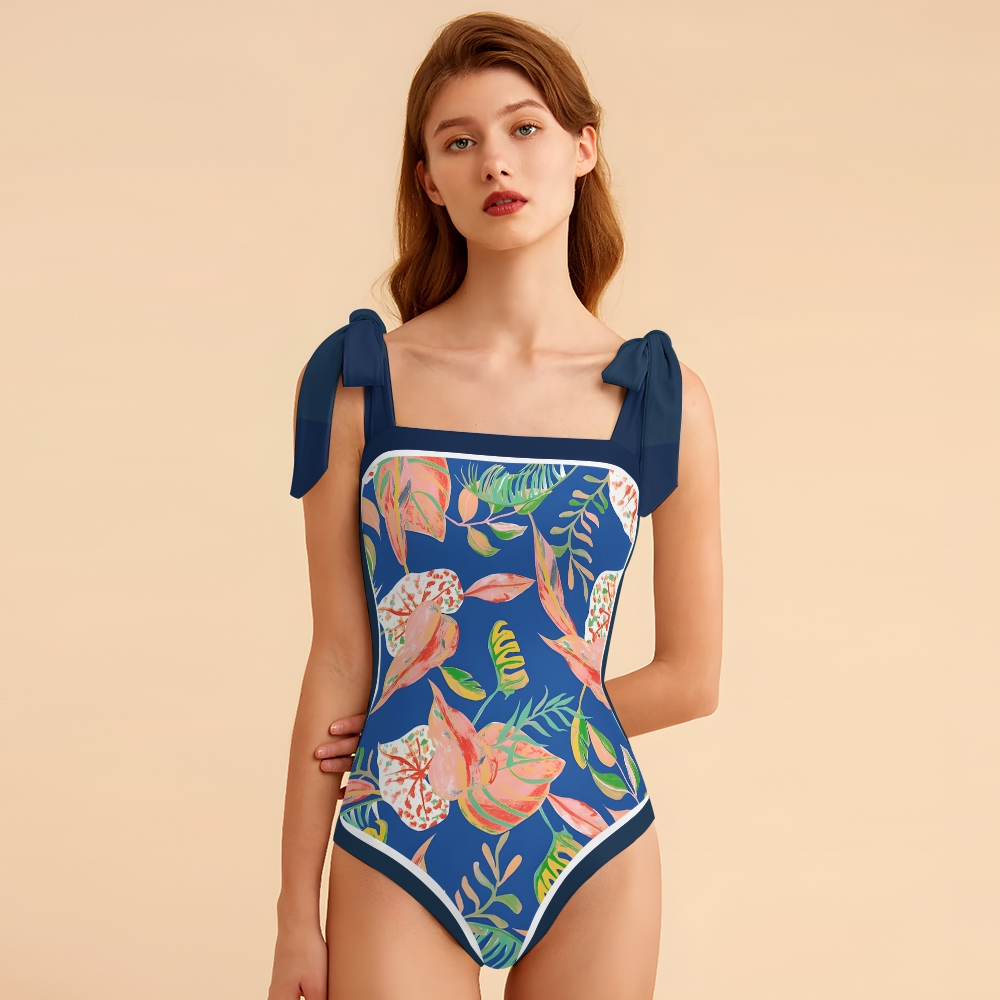 Women's Stylish One-Piece Swimsuits�C Deep Blue Tropical Leaf Print with Bow Straps