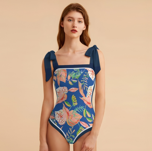 Women's Stylish One-Piece Swimsuits�C Deep Blue Tropical Leaf Print with Bow Straps