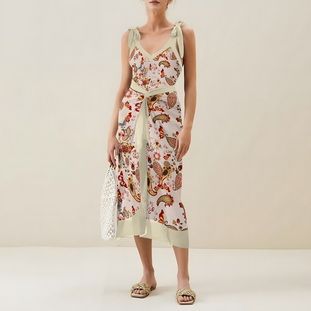 Women's Paisley Floral One Piece Deep V Neck Swimsuit with Skirt Set