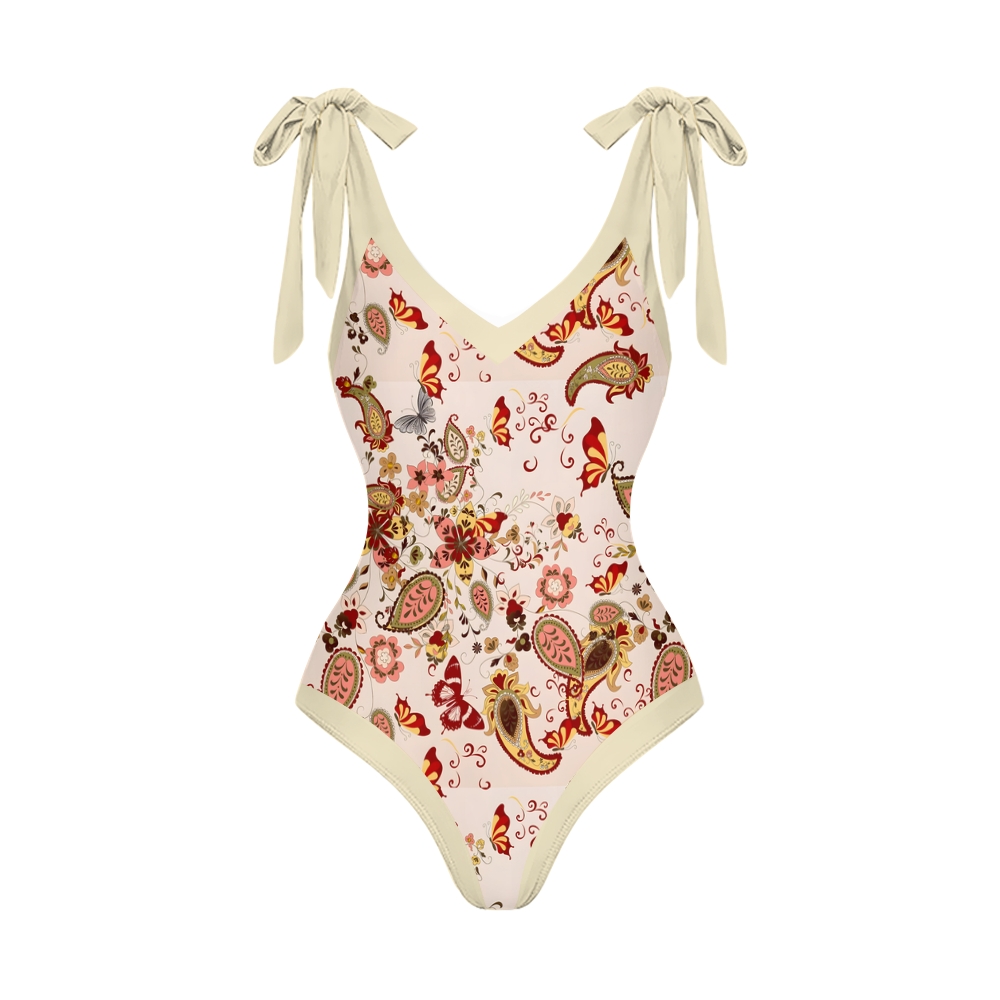 Women's Paisley Floral One Piece Deep V Neck Swimsuit with Skirt Set