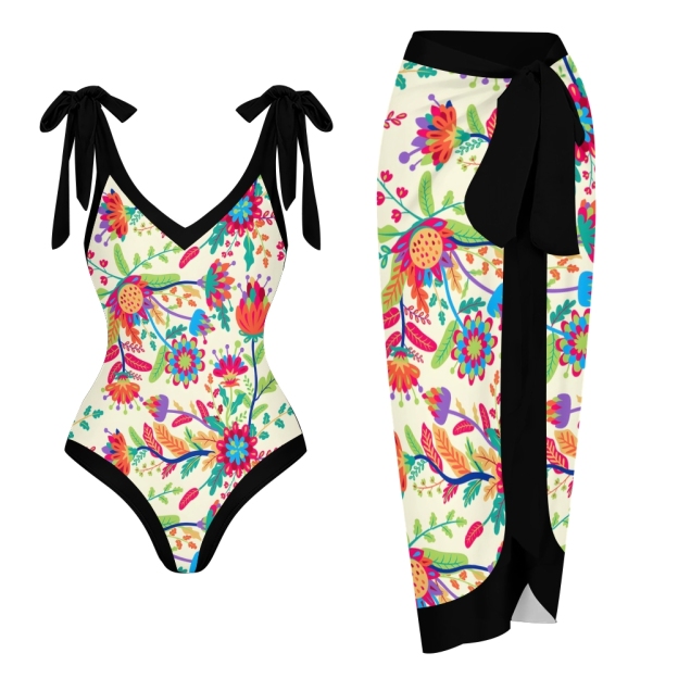 Women's Floral One Piece Swimsuit Set Black Waistband