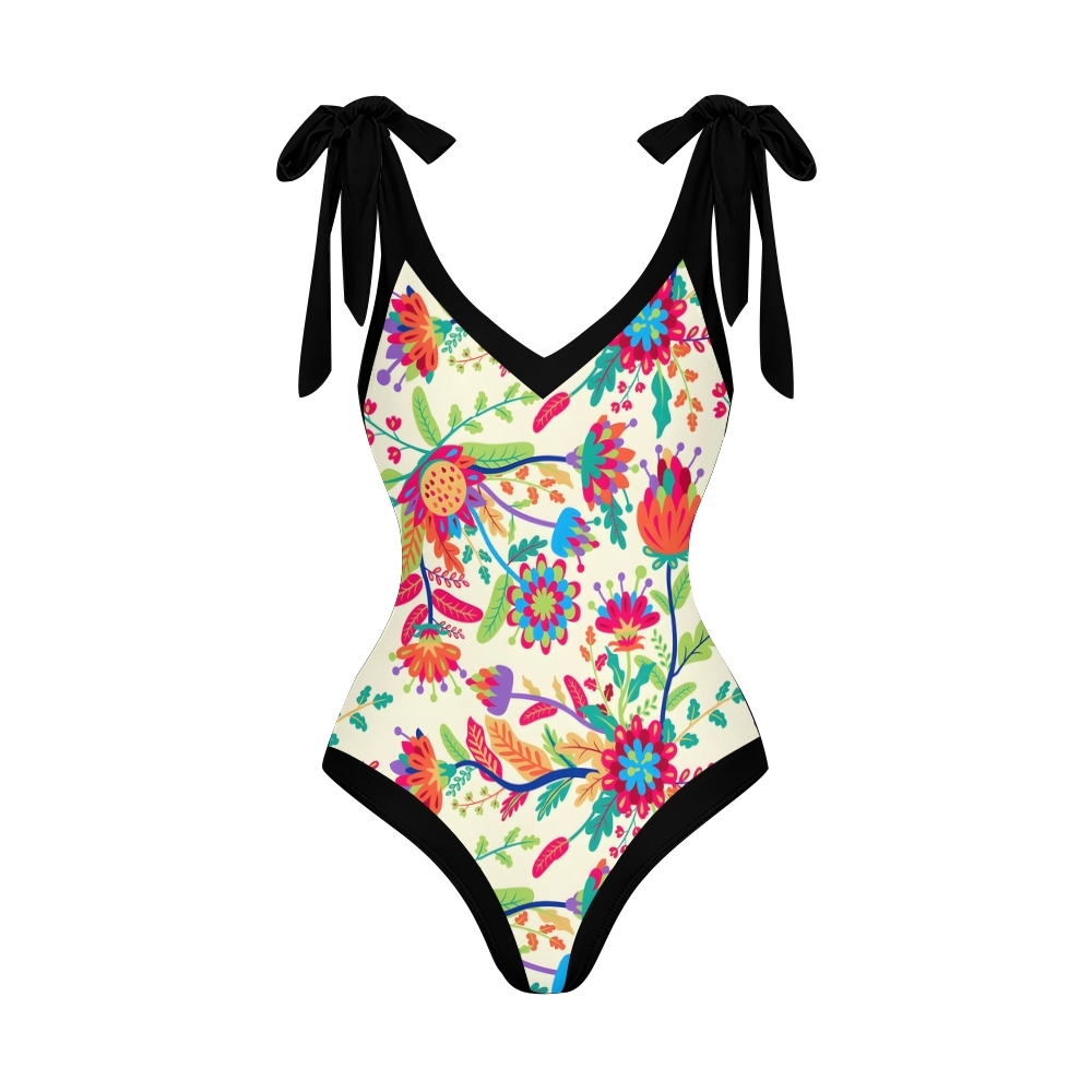 Women's Floral One Piece Swimsuit Set Black Waistband
